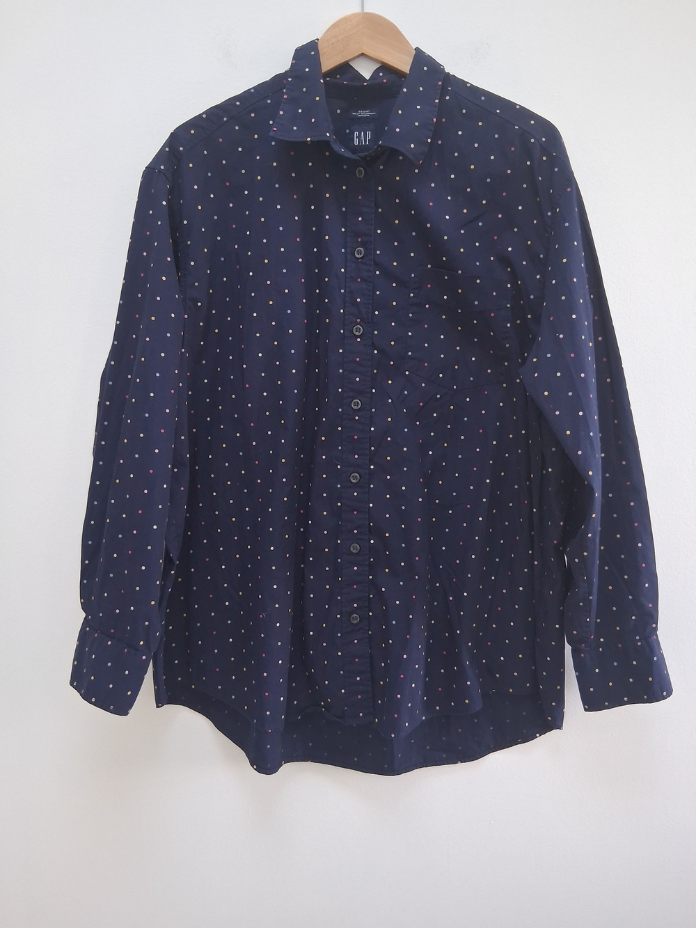 GAP Women's Navy Blue Multicolor Polka Dot Button Down Shirt  Large Lagenlook